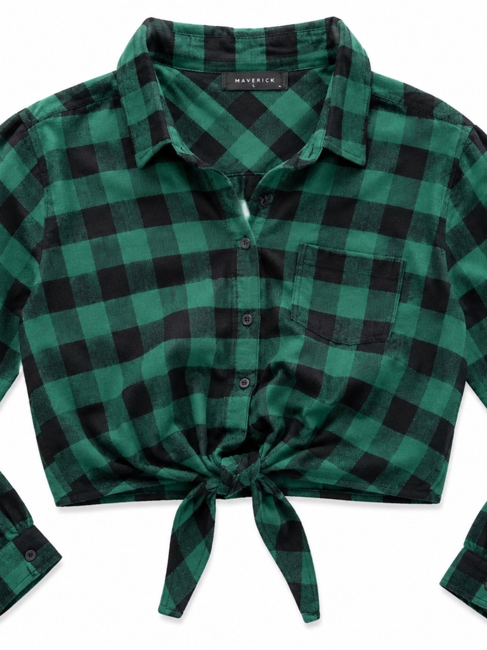 Maverick Green & Black Buffalo Plaid Tie Front Cropped Flannel Shirt Size Large
